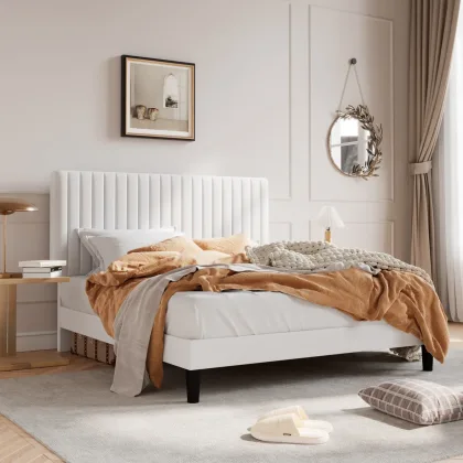 HOOMIC Upholstered Platform Bed Frame with Vertical Channel Tufted Velvet Fabric Adjustable Headboard Allewie