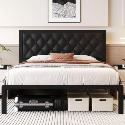 HOOMIC Upholstered Platform Bed Frame with Adjustable Modern Button Tufted Linen Fabric Headboard, No Box Spring Needed Allewie