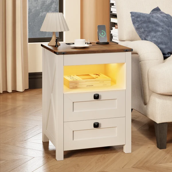 JDPAG Farmhouse LED Nightstand with Gun Drawer&Invisible Lock,Modern Bedside Table with Human Sensor Design