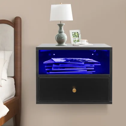 Modern Wall Mount Floating Nightstand Shelf W/ 2 Slide Drawers, Black Space Saving Bedside Cabinet for Bedroom,Hotel,Guesthouse
