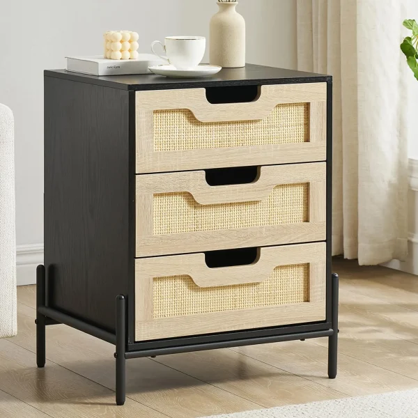 Rattan Nightstand for Apartments, 3 Natural Rattan Drawers Cabinet, Storage Shelves for Bedroom Living Room,Wooden End Tables