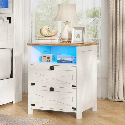 Farmhouse Night Stand for Bedroom, Rustic Vintage White Nightstand with Charging Station and LED Lights, Bedside Table with 2 Dr