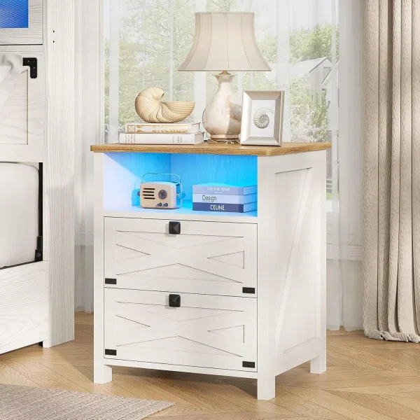 Farmhouse Night Stand for Bedroom, Rustic Vintage White Nightstand with Charging Station and LED Lights, Bedside Table with 2 Dr