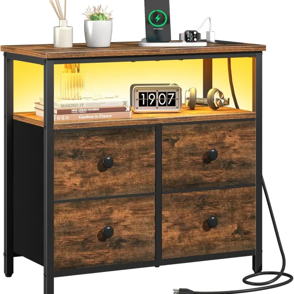 Night Stand with Charge Station, Nightstand with 4 Drawers Bedside Table, LED Dresser with Storage Shelf, Night Stands for Bedro