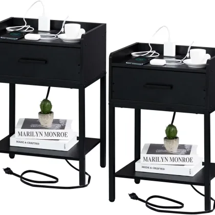 Black Nightstands Set of 2 with Charging Station and USB Ports, 3-Tier End Side Table with Storage Drawer and Shelf, Modern Beds