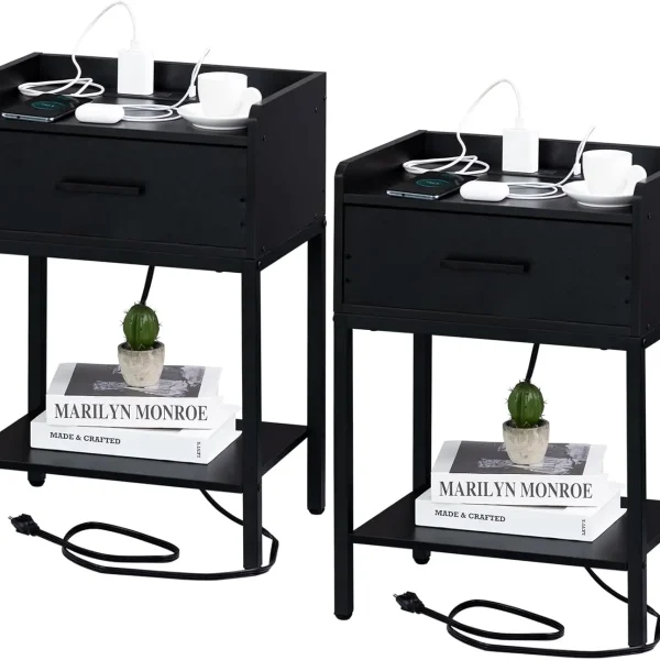 Black Nightstands Set of 2 with Charging Station and USB Ports, 3-Tier End Side Table with Storage Drawer and Shelf, Modern Beds