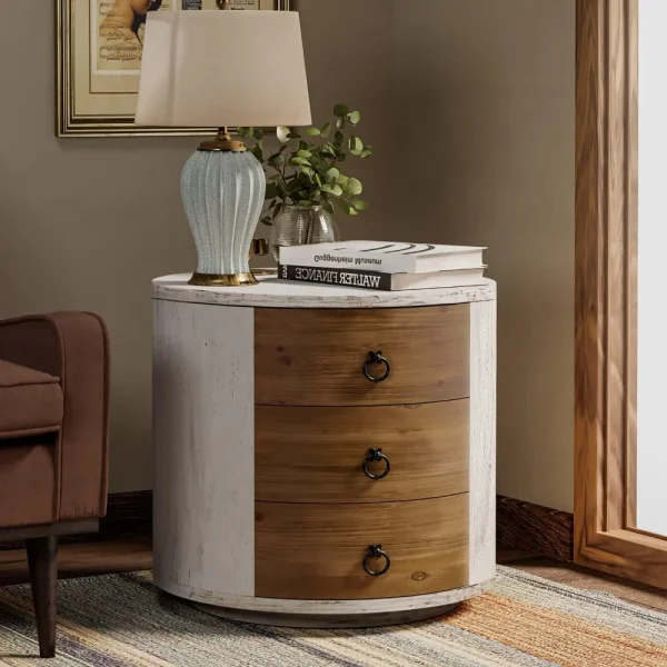 3 Drawer Chest of Drawers, 20 inch MDF Round Storage Cabinet, Retro Whitewash Finish Nightstand, Wood Bedside Table with Drawer