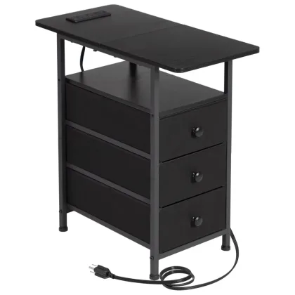 End Tables Living Room with Charging Station, Narrow Side Table with USB Ports and Outlets, Slim Nightstand with 3 Fabric Drawe
