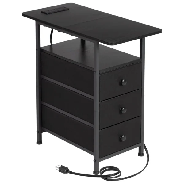 End Tables Living Room with Charging Station, Narrow Side Table with USB Ports and Outlets, Slim Nightstand with 3 Fabric Drawe