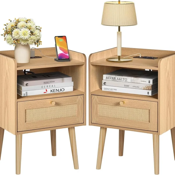 Rattan Nightstand with Charging Station, Mid Century Modern Bed Side Table, Boho End Table with Wood Legs (2, Natural)