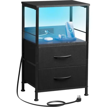 Night Stand with Charger Station, Black Nightstand with 2 Fabric Drawers and Storage Shelf, LED Bedside Table, Bedroom Small En