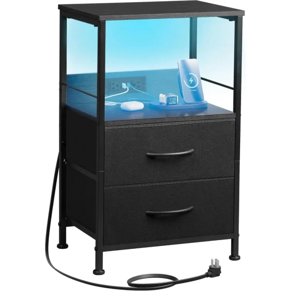 Night Stand with Charger Station, Black Nightstand with 2 Fabric Drawers and Storage Shelf, LED Bedside Table, Bedroom Small En