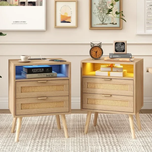 Rattan Nightstands Set of 2 with Charging Station and Led Lights, End Tables with 2 Drawers and Wood Legs