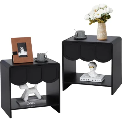 Night Stand Set of 2, Mid Century Modern Farmhouse Wood Nightstand with Wave Panel Drawer, Bed Side End Table for Small Space, L