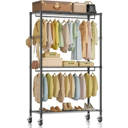 Rolling Clothes Rack, Heavy Duty Clothing Rack 3-Shelf Portable Adjustable Wardrobe Closet with Wheels Hanging Rods & Side Hooks