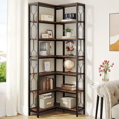 Corner Shelf, 7-Tier Industrial Corner Bookshelf, Freestanding Display Shelf for Living Room, Kitchen, Home Office, Dark Brown