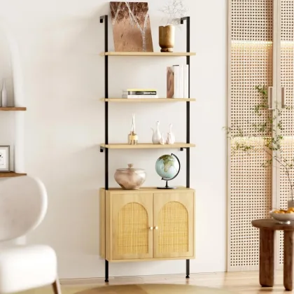 Vabches Ladder Bookshelf with Rattan Storage Cabinet 71'' 3-Tier Bookcase with Metal Frame Wall Mount Bookshelf for Home Office