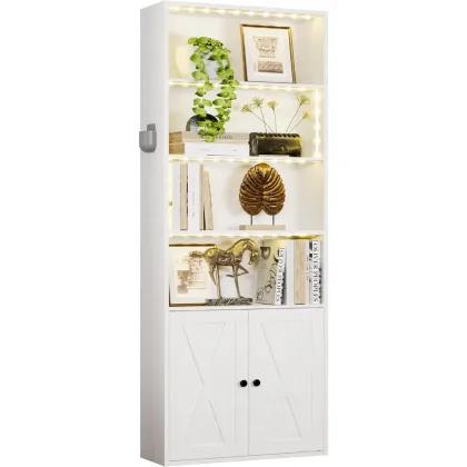 Tall Bookcase with LED Lights, 70 in Industrial Bookshelf Display Shelf Floor Standing for Home Office, Living Room, Bed Room