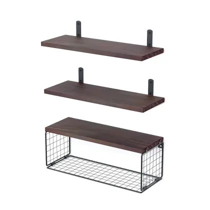 2 in 1 Floating Shelves Wall Mounted with Storage Basket Bathroom ShelvesOver Toilet ,Wooden Shelves