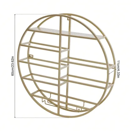 Gold Wall Mounted Wine Shelf, Round Hanging Wine Display Rack Wine Bottle Organizer Floating Storage Shelf For Bar Kitchen