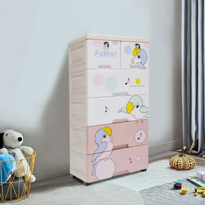 Bymaocar 5-Layer Multi-color Drawers Cartoon Dresser Storage Organizer Cabinet Plastic Free Standing  6 Drawers w/ Lock & Wheels