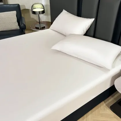 Silky Elastic Fitted Sheet Set,Shiny Solid White Bed Linens,Soft Bamboo Lyocell Fiber Mattress Cover+Pillowcase for 1.5m Bed 3pc