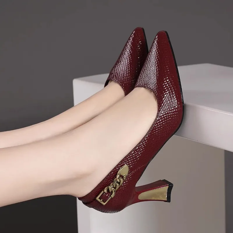 Basic Wine Snakeskin Leather Women Shoes Stiletto High Heels Pointy Toe Women Pumps Weddings Party Size 33-42 Shoes Woman