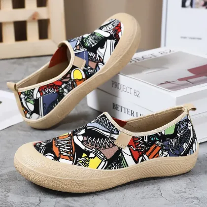 Women's Breathable Mom Shoes Soft Flat Sole Slip-On Spring Casual Cloth Shoes Orthopedic Comfort Lightweight Non-Slip Wide Width