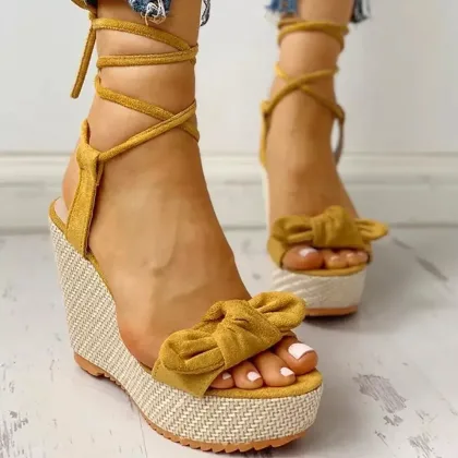 Womens Bow Knot Platform Wedge Sandals - Stylish Peep Toe Ankle Straps Lightweight Espadrille Comfort Heels for Everyday Fashion