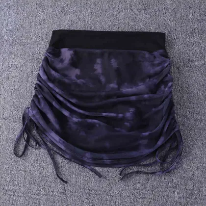 Printed Tie Dyed Mesh Yoga Short Skirt Women Anti Shining Wrap Hip Skirt High Waist Sexy Sports Half Skirt Summer