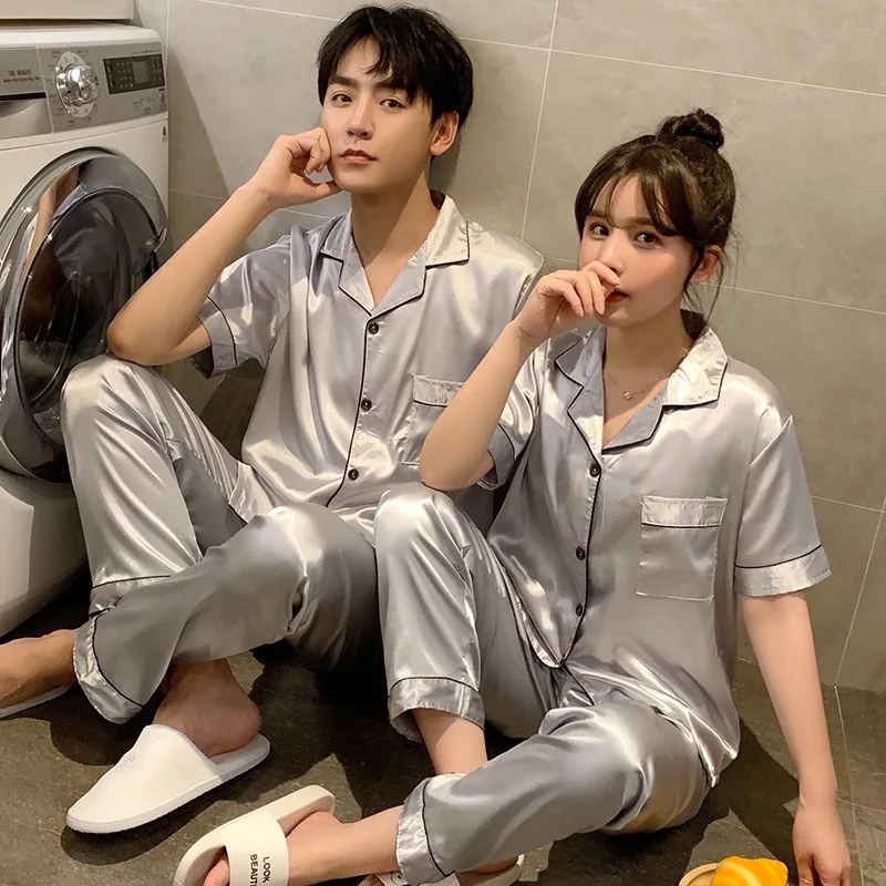 Spring Silk Satin Pajamas Couple Set Summer Short Sleeve Button-Down Sleepwear Women Men Solid Color Loungewear Plus Size Pj Set - Image 3