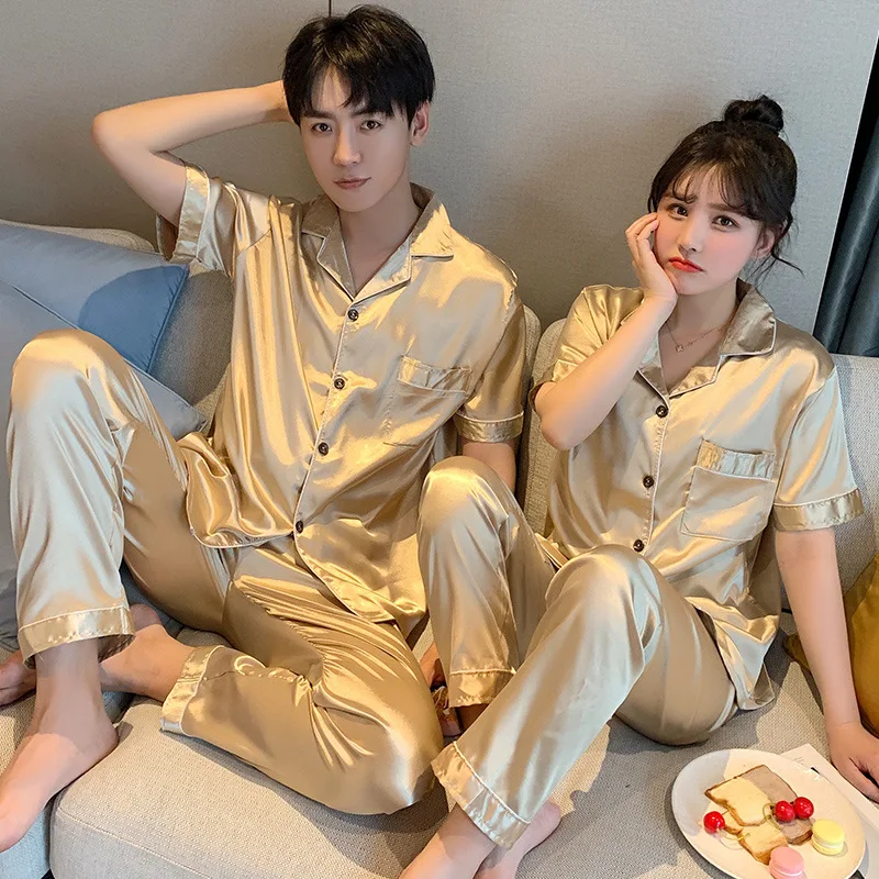 Spring Silk Satin Pajamas Couple Set Summer Short Sleeve Button-Down Sleepwear Women Men Solid Color Loungewear Plus Size Pj Set - Image 5