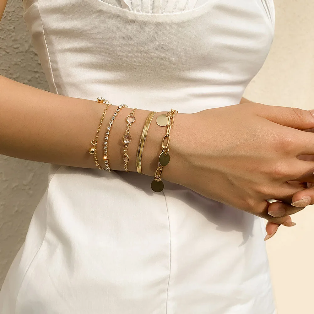 Boho Flat Snake Bone Chain Rhinestone Sequin Pendant Bracelet Set Lady Geometric Fashion Bracelets Combination Girl Jewelry - Image 5