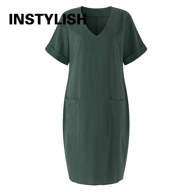 Women Casual Short Sleeve V Neck Cotton Linen Loose Dress Vintage Solid Pockets Oversized Dress Elegant Beach Holiday Mini Dress - Image 6