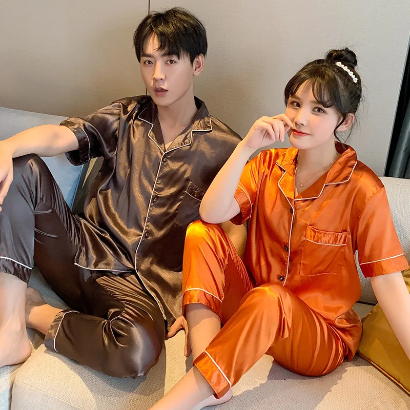 Spring Silk Satin Pajamas Couple Set Summer Short Sleeve Button-Down Sleepwear Women Men Solid Color Loungewear Plus Size Pj Set - Image 4