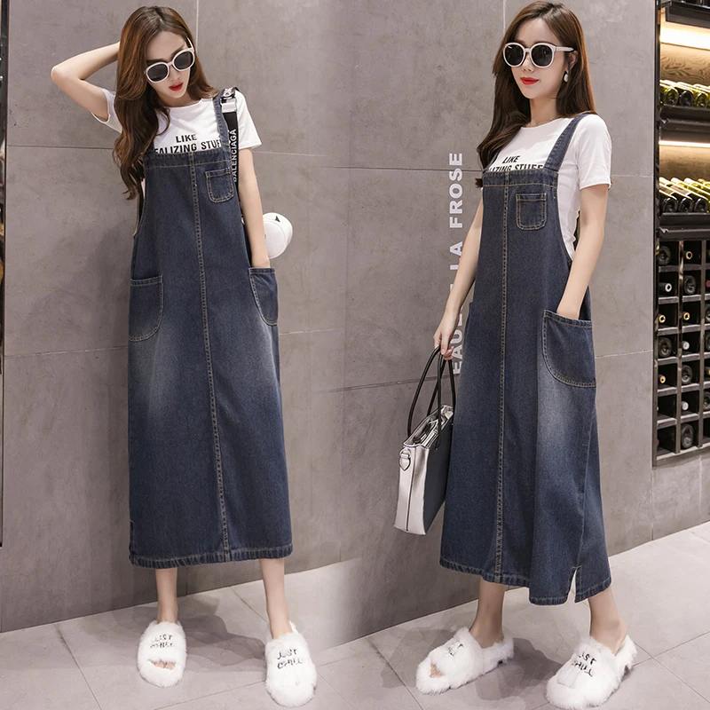 Summer Women Long Denim Dress Sundress Fashion Pockets Casual Loose Overalls Dresses Female Blue Strap Jeans Dress Plus Size 5XL - Image 2