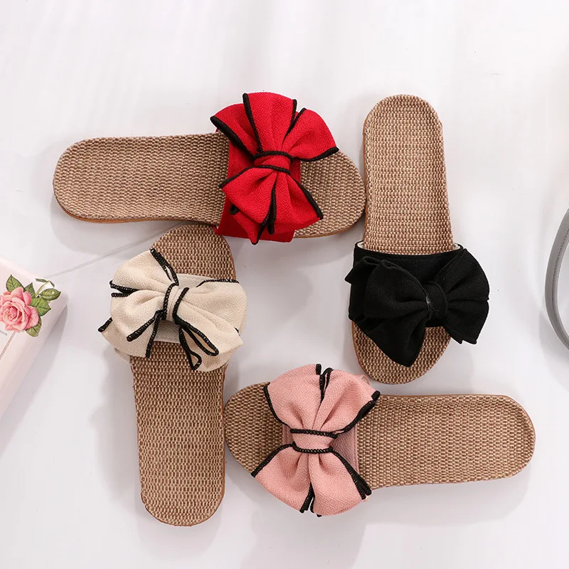 Mntrerm 2024 New Casual Sneakers For Home Slippers Summer Bow-knot Soft Floor Woman Indoor Flats Shoes Cute Linen Slipper Terlik - Image 5