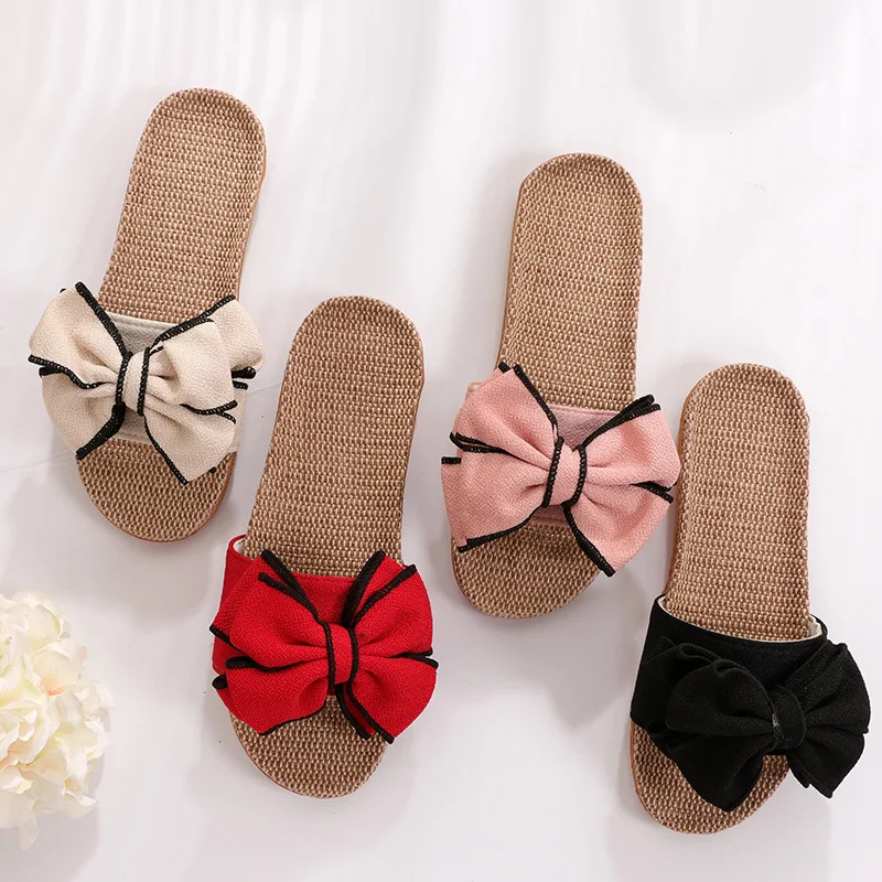 Mntrerm 2024 New Casual Sneakers For Home Slippers Summer Bow-knot Soft Floor Woman Indoor Flats Shoes Cute Linen Slipper Terlik - Image 4