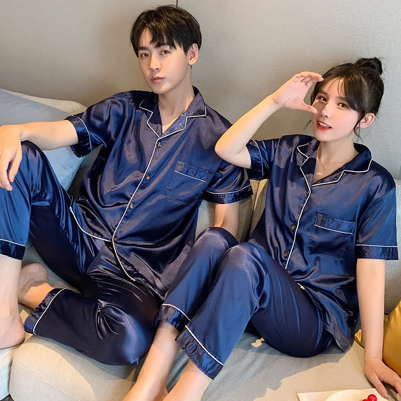 Spring Silk Satin Pajamas Couple Set Summer Short Sleeve Button-Down Sleepwear Women Men Solid Color Loungewear Plus Size Pj Set - Image 2