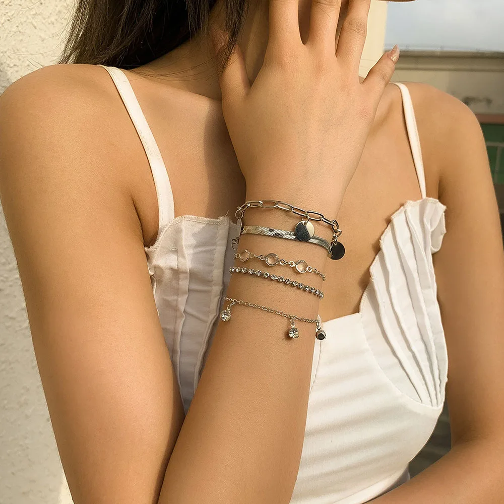 Boho Flat Snake Bone Chain Rhinestone Sequin Pendant Bracelet Set Lady Geometric Fashion Bracelets Combination Girl Jewelry - Image 4