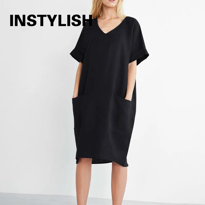 Women Casual Short Sleeve V Neck Cotton Linen Loose Dress Vintage Solid Pockets Oversized Dress Elegant Beach Holiday Mini Dress - Image 5
