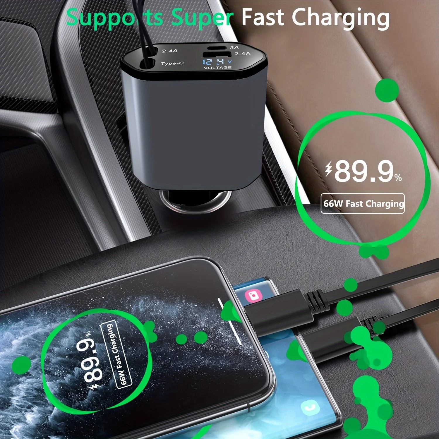 Retractable Car Charger, 100W Super Fast Charger, Car Phone Charger, 4 IN 1 Car Charger with Retractable Cable USB & Type-C Port - Image 4