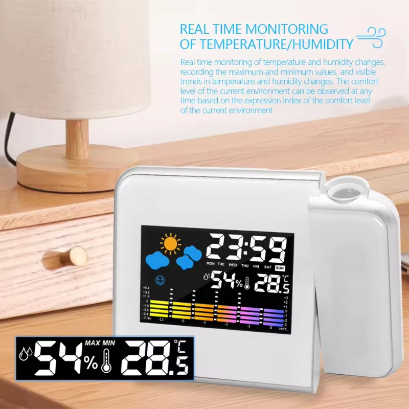 Color Screen Digital Projection Weather Alarm Clock, Electronic LED Adjustable Angle Projection Intelligent Alarm Clock - Image 2