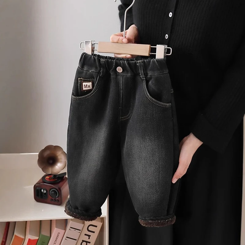 Korean Fashion Winter Boys Jeans Adding Velvet And Thickening Wide Leg pants Boys Jeans Children's Pants Kid Jeans - Image 3