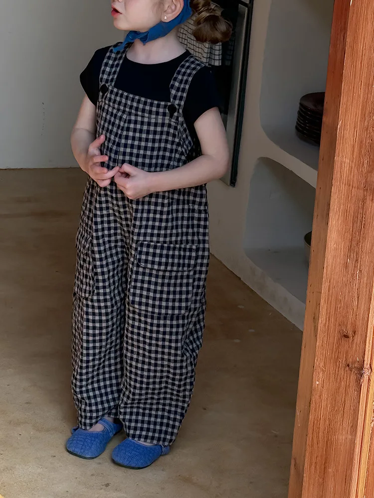 2025 Spring New Children Plaid Overalls Cotton Boys Thin Casual Pants Breathable Baby Girls Loose Strap Trousers Kids Clothes - Image 3