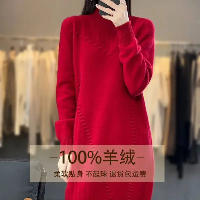 Erdos City Produces Medium To Long 100% Cashmere Sweater Dress, Half High Neck Loose Knit Wool Sweater For Women A-line Skirt - Image 2
