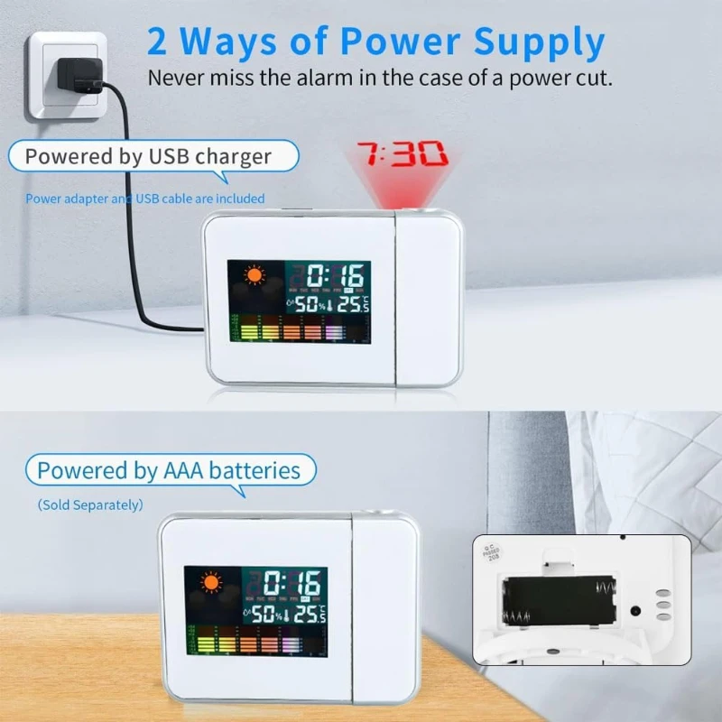 Color Screen Digital Projection Weather Alarm Clock, Electronic LED Adjustable Angle Projection Intelligent Alarm Clock - Image 5