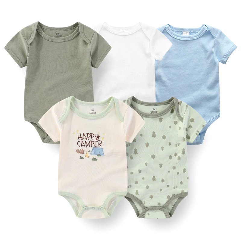 5Pieces Unisex New Born Bodysuits Print Summer Cotton Baby Girl Clothes Sleeveless Cartoon Baby Boy Clothes Set Solid Color - Image 3