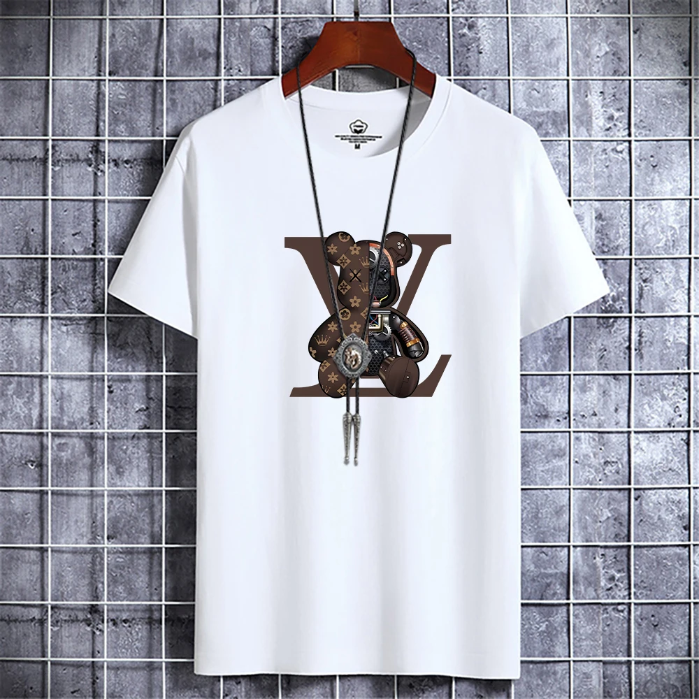 Summer Men's Luxury Casual T-Shirt Retro Y2k Designer Short Sleeve Tees Male Vintage Cotton Trendy High Quality Bear Print Tops - Image 2