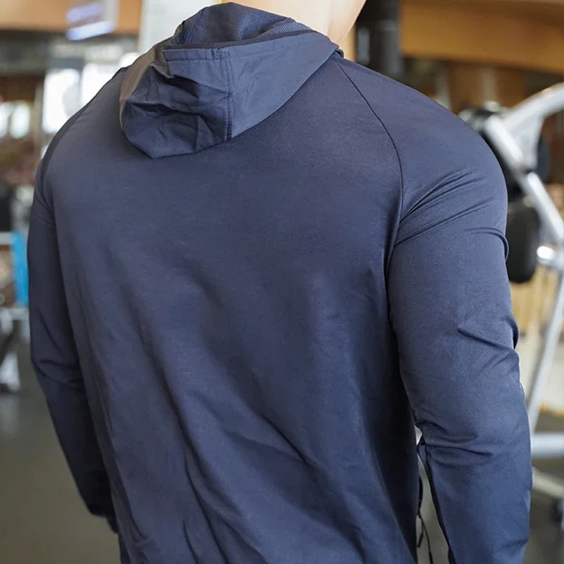 High Quality Nylon Sport Coat Mens Gym Fitness Hoodies Outdoor Workout Tops Hooded Training Running Zipped Jacket Clothes - Image 2